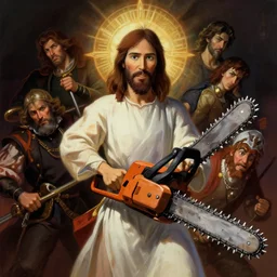 jesus christ the chainsaw wielding maniac, digital painting, 4 k wallpaper, by hayao miyazaki, kentaro miura, by rembrandt, by moebius, by michelangelo, by frank frazetta, beautiful, holy, gorgeous, biblical
