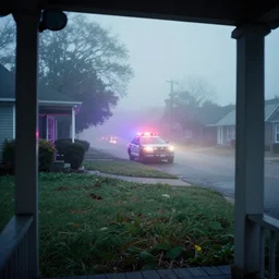 poor neighborhood, overgrown, photo taken from a porch, fog rolling along the ground, ethereal, police lights shining off camera