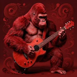 a gorilla playing a guitar solo style of beksinski, intricate composition, red by caravaggio, highly quality, highly detailed, masterpiece, red light, artstation