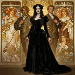 sargent and leyendecker and greg hildebrandt highly detailed portrait of a gothic woman with long hair, wearing a black velvet gown, stephen bliss, unreal engine, by greg rutkowski, loish, ferdinand knab, ilya kuvshinov, rossdraws, tom bagshaw, alphonse mucha, global illumination, radiant light, detailed and intricate environment