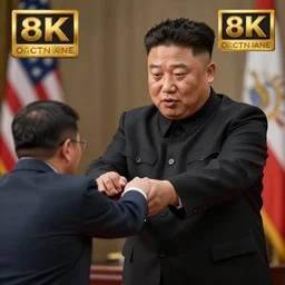 pose of domination over opponent, hyper - realistic photo of kim jong - un accepting surrender from usa volumetric lighting, 8 k, octane perfectly detailed render, extremely hyper - detailed, intricate, epic composition, cinematic lighting, masterpiece, trending artstation, very very detailed, stunning, hdr, smooth, sharp focus, high resolution, award - winning photo, dslr, 5 0 mm
