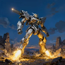 armored core v by liam wong, booster flares, legs, laser rifles, karst landscape, ; wide shot, outdoor, dark blue sky, cloud, wilderness ground, golden time, twilight ; digital oil painting, high contrast, dynamic backlighting, sharp edge, motion blur, photoreal,