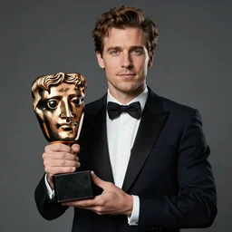 brian limond holding bafta award, realistic, wide shot, dramatic lighting, hyper realistic, high quality, highly detailed, hd, beautiful, cinematic, 8 k, unreal engine, facial accuracy, symmetrical,