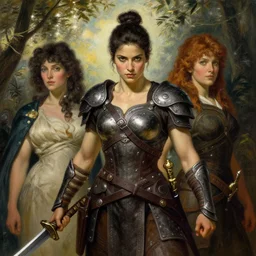 a beautiful and strong female warrior by Boris Valejo and Laura Sava and Jules Bastien-Lepage