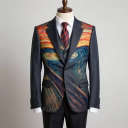 a male model showcasing a three piece suit inspired by edvard munch's the scream. studio lighting