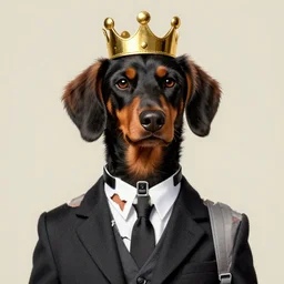 ripped physique crown collar leash Man portrait Sherlock Patrick Bateman snout Detective Anthropomorphic furry fuzzy fashion vogue Dachsund man wearing a Dachsund costume wearing an Executive costume gerald brom bastien grivet greg rutkowski norman rockwell portrait face head snout ears eyes illustration tombow