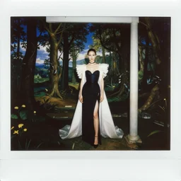 instax of Portal to Multiverse from Vogue editorial fashion photography, dressed by Givenchy and Salvatore Ferragamo, haute couture painted by Andrea Pozzo, frame of Pan's Labyrinth and Prometheus by Guo Jian and Yue Minjun, in lush brain coral femur by Javier Medellin Puyou