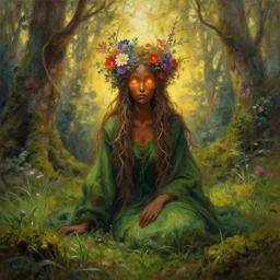 a magical forest dryad, brown skin like soil, bright glowing ember eyes like fire, dressed in a green robe, colorful flowers growing from her head, branches growing as hair, golden sunlight, queen of the forest, extremely detailed, masterpiece, award-winning, mythological, mossy, grass, oil on canvas, soft colors, wide shot, very low angle photograph, simon stålenhag