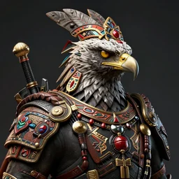 portrait pfp extremely fine detail bounty hunter neocyberpunk eagle in tribal regalia, an idea seep's into infinity highly detailed 3 d in volumetric latent space, cinematic light, sharp focus, divine realm of gods, octane render,