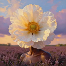 closeup, a giant flower as head, african woman in heather field, surreal photography, golden hour, colorful clouds, impressionist painting, digital painting, artstation, simon stalenhag