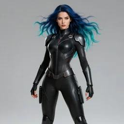 a stunning picture of a beautiful young woman wearing futuristic deep black battle bodyarmor and leggings with ombre navy blue teal hairstyle blowing in the wind by marvel comics, digital art, trending on artstation