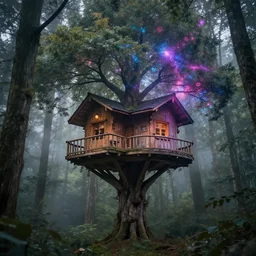 beautiful treehouse in the forest, trending on artstation unreal engine caspar david friedrich ; 8 k resolution holographic astral cosmic illustration mixed media by pablo amaringo ethereal fantasy hyperdetailed mist thomas kinkade cyberpunk, photo - realistic, photography, octane render
