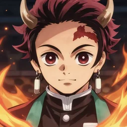 villan devil handsome in demon slayer art, night, fire lines, anime style, detailed face, high quality, smooth in 8k, sharp focus, beautiful scene, black border, beautiful scene with a lot of colors, colorful neon fire
