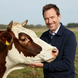 smiling paul giamatti petting a cow, professional photo