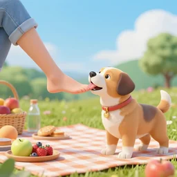 hyper realistic image of a dog is licking a woman feet at a picnic 3 d - 5