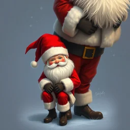 two santa claus, a short and a tall, the short one is sitting on the bigger one's knee, by artgerm, trending on artstation, fine details