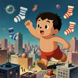 giant pororo attacking city, flying socks, 1 9 5 0 s science fiction poster, retrofuturism, atompunk, behance, trending on artstation