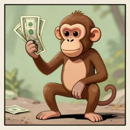 a monkey holding money, graphic novel, miniature faking, eduardo kobra