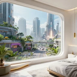 angled closeup to a corner in a futuristic confy white bedroom, with wood and gold details and a huge futuristic glass window overlooking blade runner 2 0 4 9 city architecture, with some lush vegetation spread across parts of the city, and a space x starship rocket launch site, environmental lighting, sunny weather and alien skies, ray tracing, amazing view, highly detailed, heavy traffic, neon shops, octane render, unreal engine 5, 4 k
