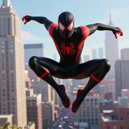 exciting matte painting of a 3 d full body character illustration of miles morales spiderman from into the spiderverse flying above brooklyn new york, black and red color scheme costume, miles morales!!!, into the spiderverse, 8 k, sharp focus, substance painter, digital painting, concept art, in the style of sony pictures animation, octane render