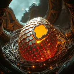 in the magic nest, a steampunk mystical dragon egg covered with huge electroplated scales, magic light dust, crystalized. symmetrical. dim lighting, unreal engine 5, concept art ， by greg rutkowski, loish, highly rendered,, digital painting, artstation, artstation hq, warm toplight 8 k