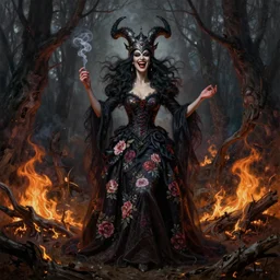 full body shot, malevolent witch facing front laughing maniacally, smoke hair, ornate crow helmet, floral dress, dead forest on fire, fantasy, intricate, photorealistic, elegant, stylish, highly detailed, smooth, sharp focus, oil painting