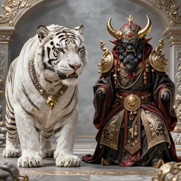 white tiger vs evil, by wlop, photoshoot, insanely detailed and intricate, hypermaximalist, elegant, ornate, hyper realistic, super detailed