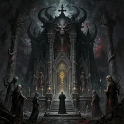 a lovecraftian painting of a demonic shrine, occult, cult members, cosmic horror elements, ultra realistic, concept art, intricate details, eerie, highly detailed, photorealistic, octane render, 8 k, unreal engine. art by artgerm and greg rutkowski and alphonse mucha