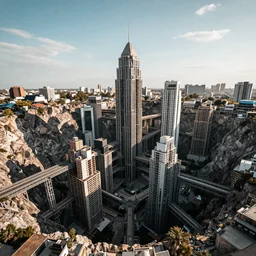 A metal city built deep inside of a crater where the buildings reach to the sky and have bridges and walkways connecting them