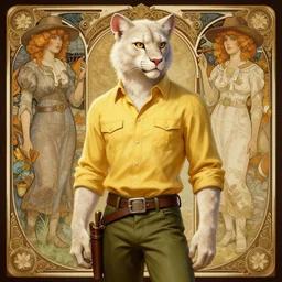 A full commission of a male Furry Anthro albino mountain lion Fursona wearing a yellow button-down shirt, olive green slacks in a old-timey western town, intricate, elegant, highly detailed, digital painting, artstation, concept art, smooth, sharp focus, illustration, art by Krenz Cushart and Artem Demura and alphonse mucha