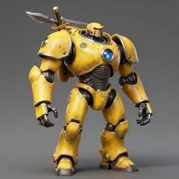 human-sized strong intricate yellow pit droid carrying paladin medieval longsword!!!, pancake short large head painterly humanoid mecha, by Greg Rutkowski