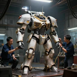 Battletech portrait of Atlas Assault Mech being worked on by technicians in a mech bay, Battletech, by Greg Rutkowski, sharp lighting, lens flare, 4k, detailed