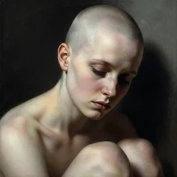 a beautiful portrait of a tired, sickly, thin young woman with a bald head, by greg hildebrandt