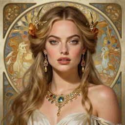 Margot Robbie as a Greek Goddess, cute, fantasy, intricate, elegant, highly detailed, digital painting, 4k, HDR, concept art, detailed jewelry, smooth, sharp focus, illustration, art by Artgerm and H R Giger and Greg Rutkowski and Alphonse Mucha