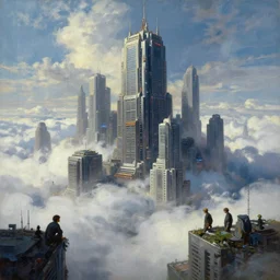 cinematic view of a cyberpunk brutalist futuristic cityscape in clouds, tim hildebrandt, wayne barlowe, syd mead, john harris, bruce pennington, donato giancola, larry elmore, oil on canvas, artstation, pixiv, cinematic composition, dramatic, beautiful lighting, sharp, details, hd, hdr, 4 k
