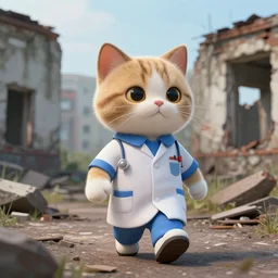 cute anthropomorphic cat field medic walking through ruins of soviet-era city. 8k cinematic lighting, hyper realistic