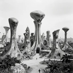 old photograph from a strange alien city, organic buildings, black and white