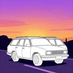 vaporwave line art illustration of an 8 0 s station wagon driving during sunset. digits art