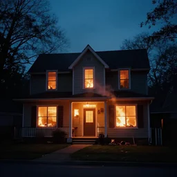 house on fire, almost night, dim light, soft light, ultra hd, ultra sharp, hyper detailed, 8 k, shot on 3 5 mm film camera, smooth sharp focus, realism, tumblr aesthetic, we heart it aesthetic,