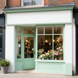 A photo of a quaint flower shop storefront with a pastel green and clean white facade and open door and big window