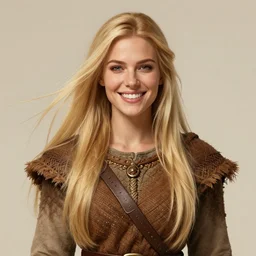 portrait, 30 years old women :: fantasy :: long straight blonde hair, windy, beeing happy, smiling :: attractive, symmetric face :: brown woven medieval clothing, natural materials :: high detail, digital art, RPG, concept art, illustration