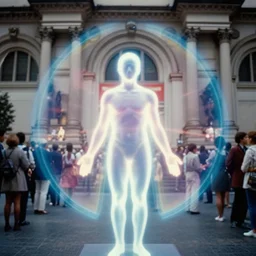 realistic scientific documentary photo of a human aura fields glowing, front view 1 9 9 0, life magazine reportage photo, metropolitan museum photo
