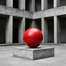 red ball on pedestal, brutalist architecture