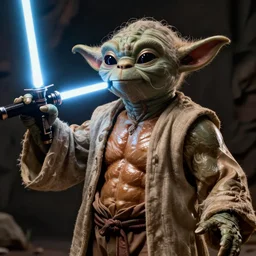muscular master yoda, thirst trap lightsaber, boudoir style photography, hyper realistic, glistening abs,