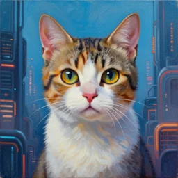 painting of a cat in a sci - fi cyberpunk city by lilia alvarado