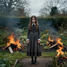 an english garden is in flames. there is destruction. a victorian girl stands still. folk horror