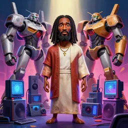 stylish caricature 3 d vfx drew struzan movie poster art of an african jesus surrounded by gaming consoles & giant mecha, art style by james jean & hsiao - ron cheng, unreal engine render, digital illustration, sharp, intricate detail, volumetric lighting, ray tracing, soft light, neon, claymation style, ernie barnes style, symmetry, acrylic on canvas, pinterest, art