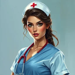 colorful portrait of gorgeous brunette in nurse uniform, by mark brooks and charlie bowater, sandra chevrier and evelyn de morgan