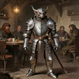an anthropomorphic dnd kobold paladin, wearing full metal plate mail, in a tavern, by hieronymus bosch, by peter mohrbacher, by michael cheval, by boris vallejo, highly detailed, 8 k