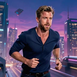 a portrait of a rayan gosling with thunders in the sky in a future cybernetic city, outrun style and colours, trending on arstation, by dan mumford, by ross tran